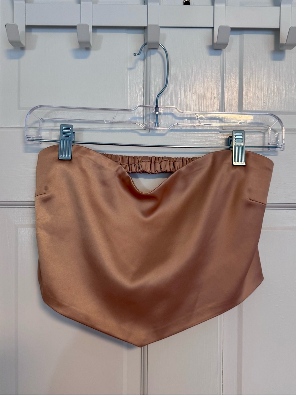 Vestique | Satin Strapless Open Back Crop Top in Tan, Size M - EUC